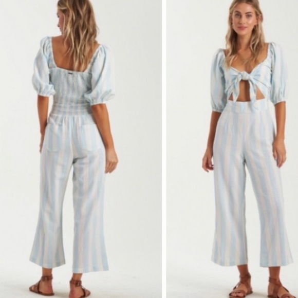 Billabong Pants - NWOT Billabong Dizzy Daze Striped Cutout Wide Leg Jumpsuit Aqua Blue/ white M
